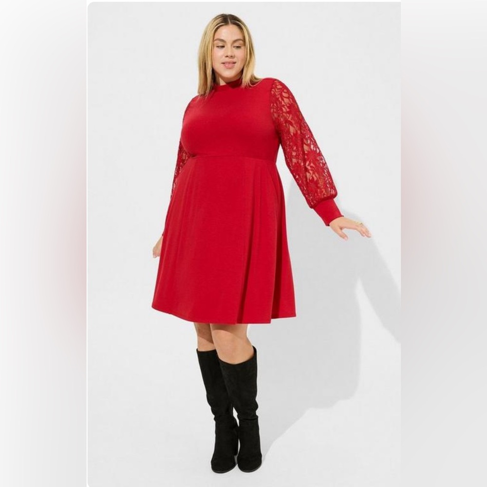 Lace Sleeve Mock Neck Skater Dress